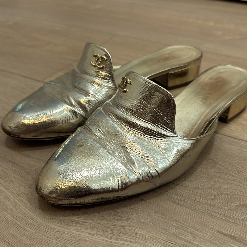 Chanel Metallized Goatskin Mules
